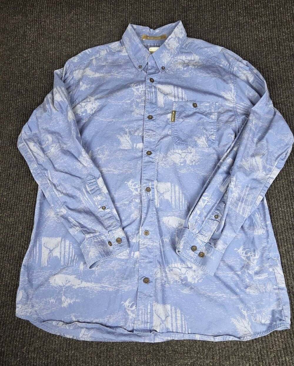 Columbia River Lodge Button Down Shirt Size L Blue Deer Print Long Sleeve